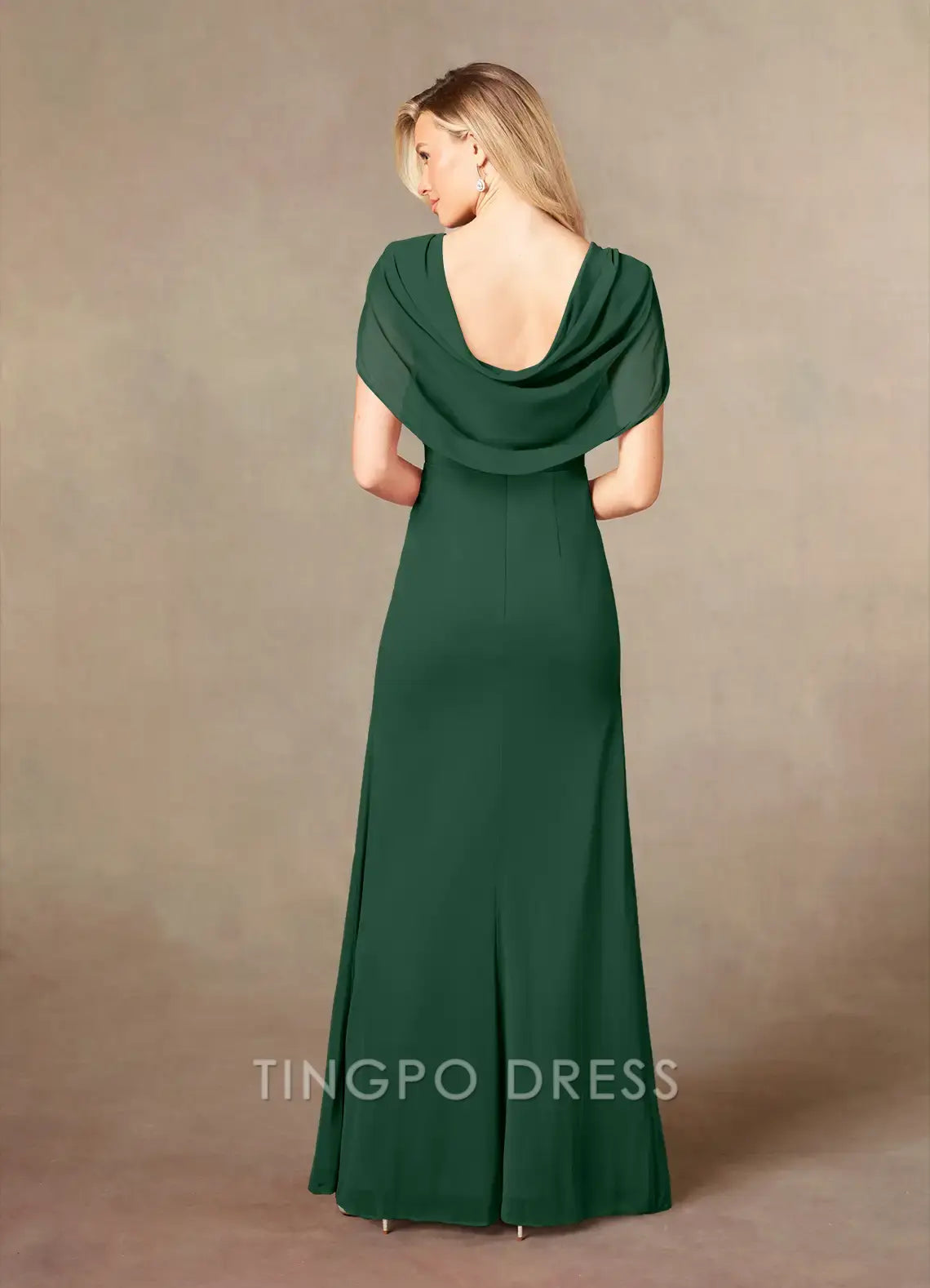 TingPo Wholesale Elegant V - Neck Chiffon Evening Gown with Draped Sleeves and Side Slit: A Sophisticated Choice for Formal Events